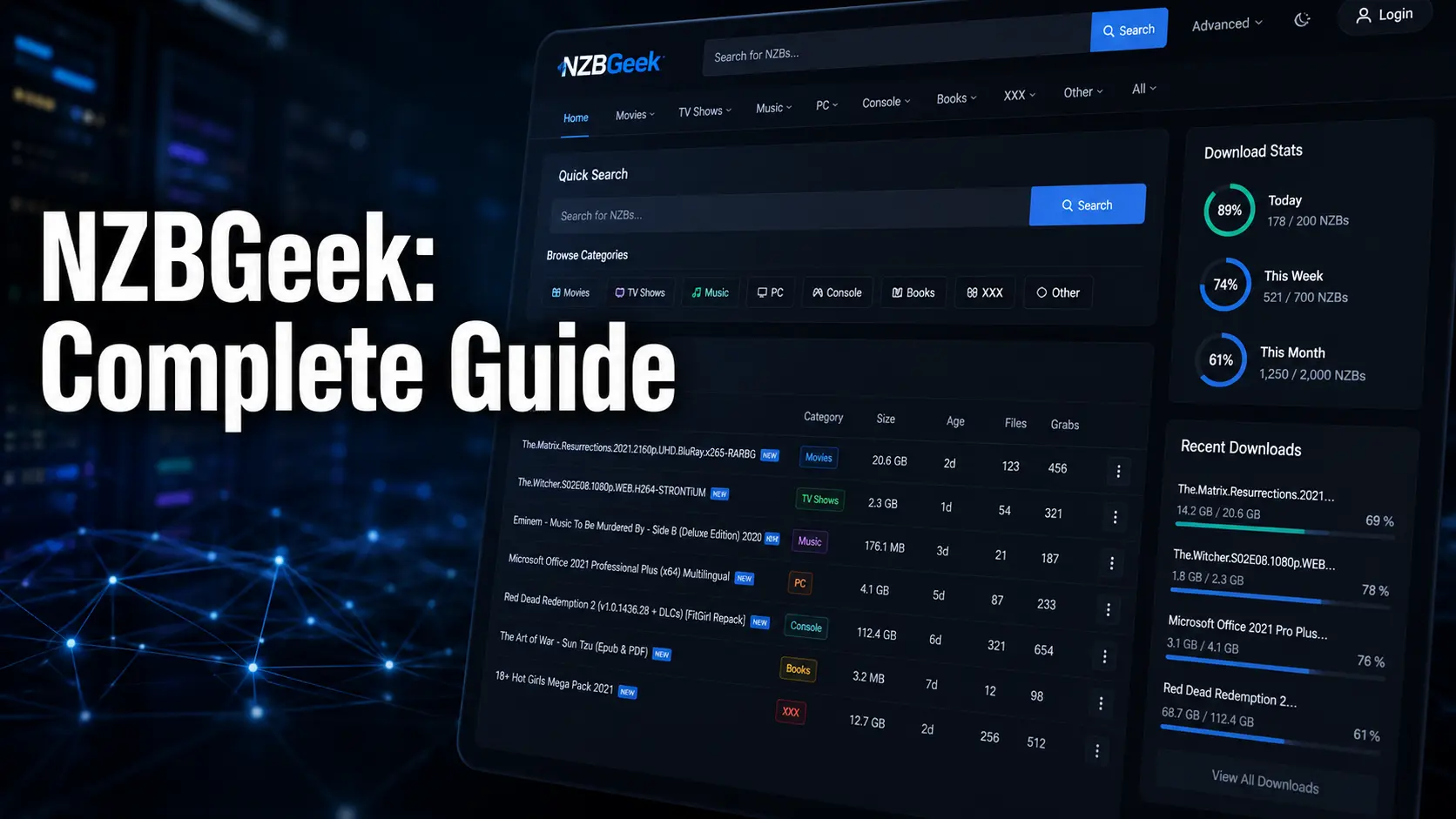 NZBGeek Usenet NZB indexer interface showing search results and automation setup options
